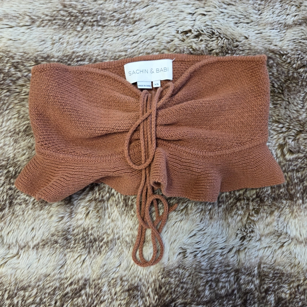 Sachin & Babi Brown Sweater Bandeau  Knit Strapless Tie Front Top XS Cottagecorr